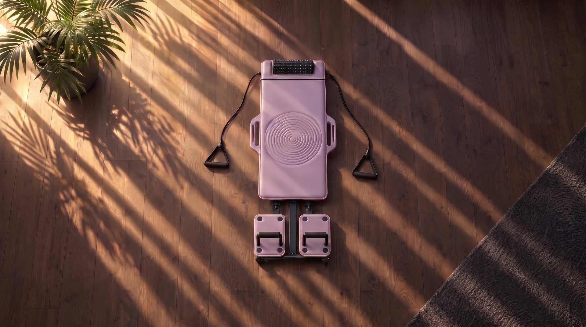 The DROP-IN reformer seen from above on a sunlit oak floor: lilac board with ring center, massage roller, resistance cords and two sliding foot platforms.