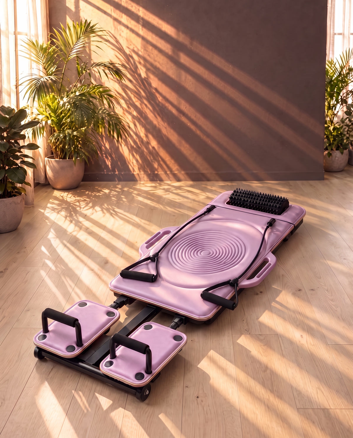 The lilac DROP-IN reformer open on a sunlit light oak floor, with its resistance cords on the board.