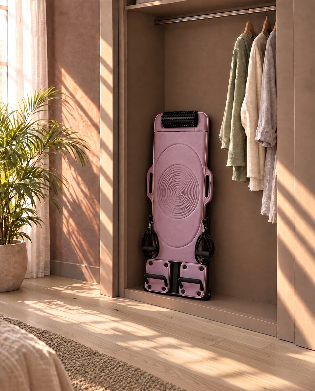 The DROP-IN reformer folded flat and standing in a closet next to hanging clothes.